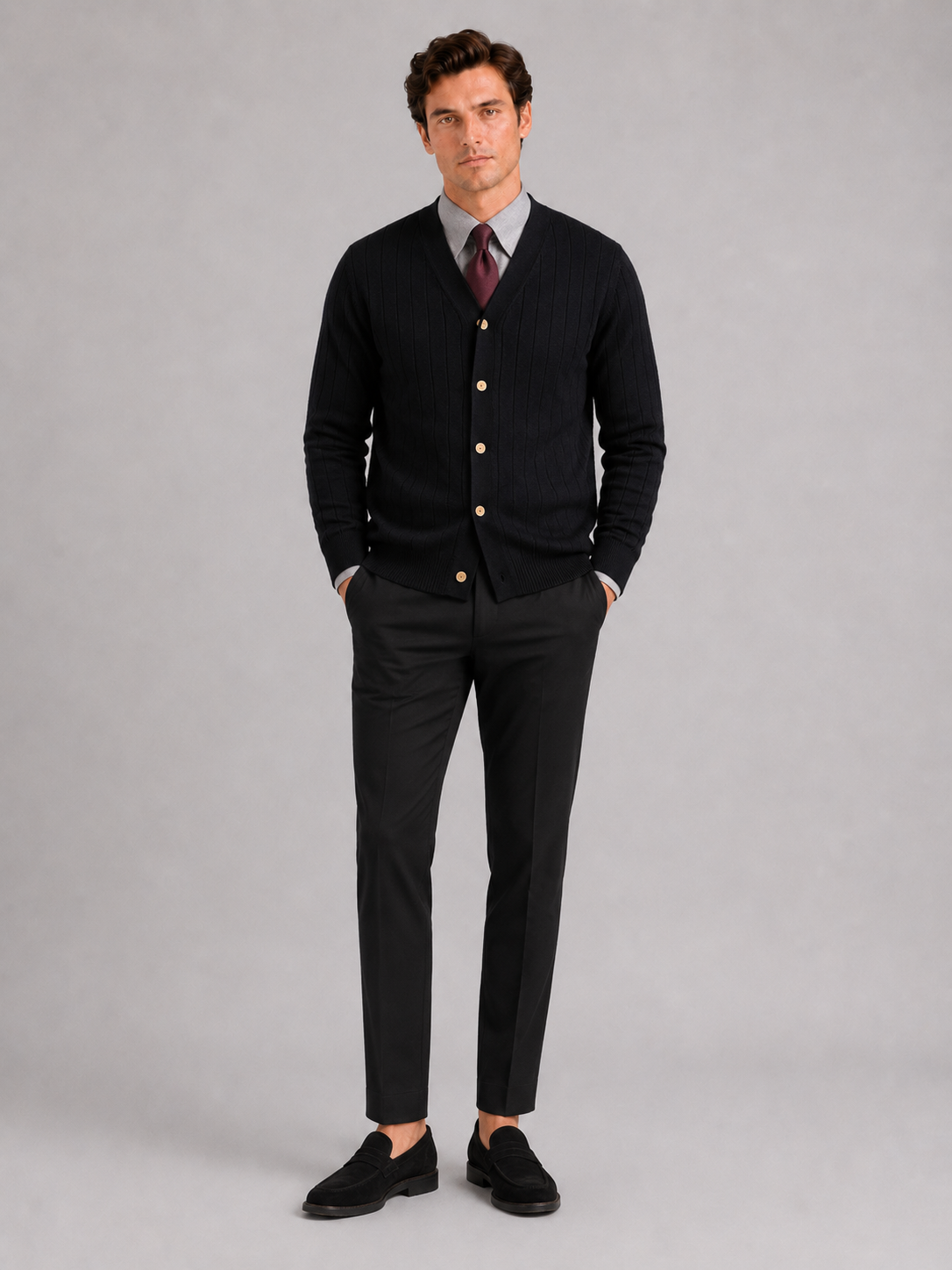 Men's V-neck cardigan – Black full view – Edward & Lawsen