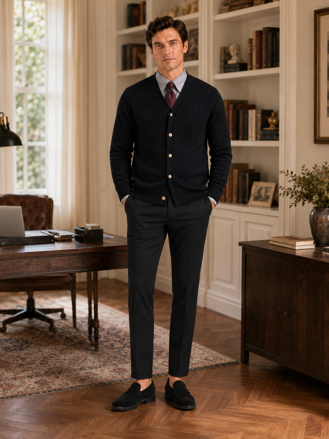 Men's V-neck cardigan – Black lifestyle view – Edward & Lawsen