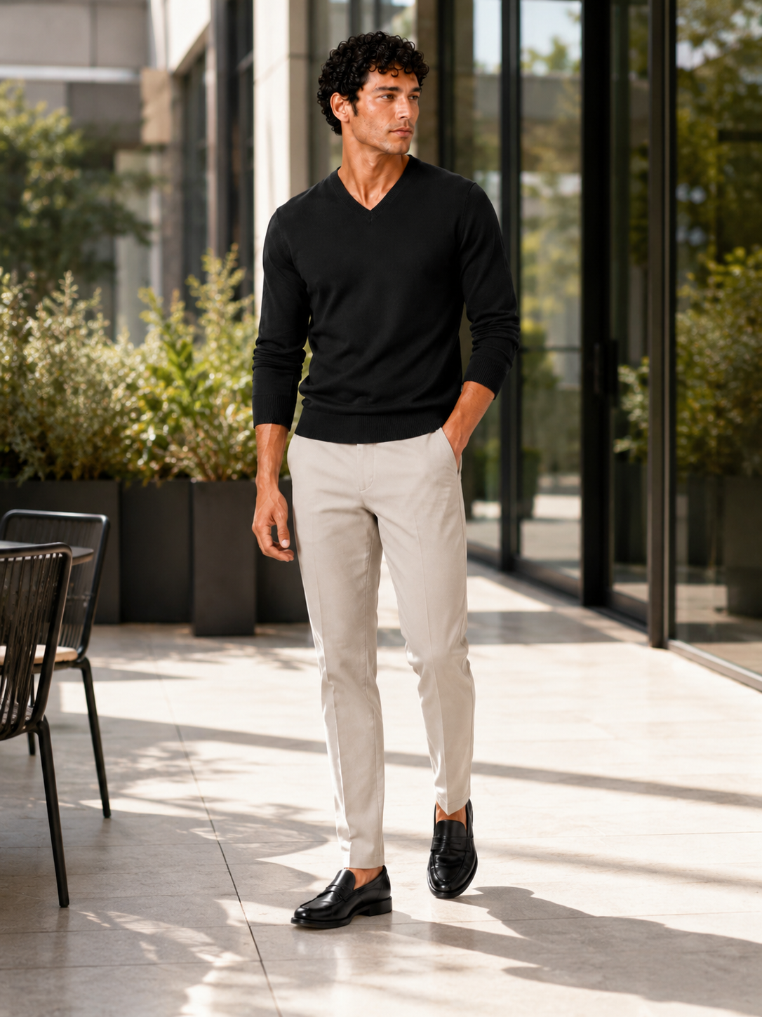 Men's V-neck sweater – Black lifestyle view – Edward & Lawsen