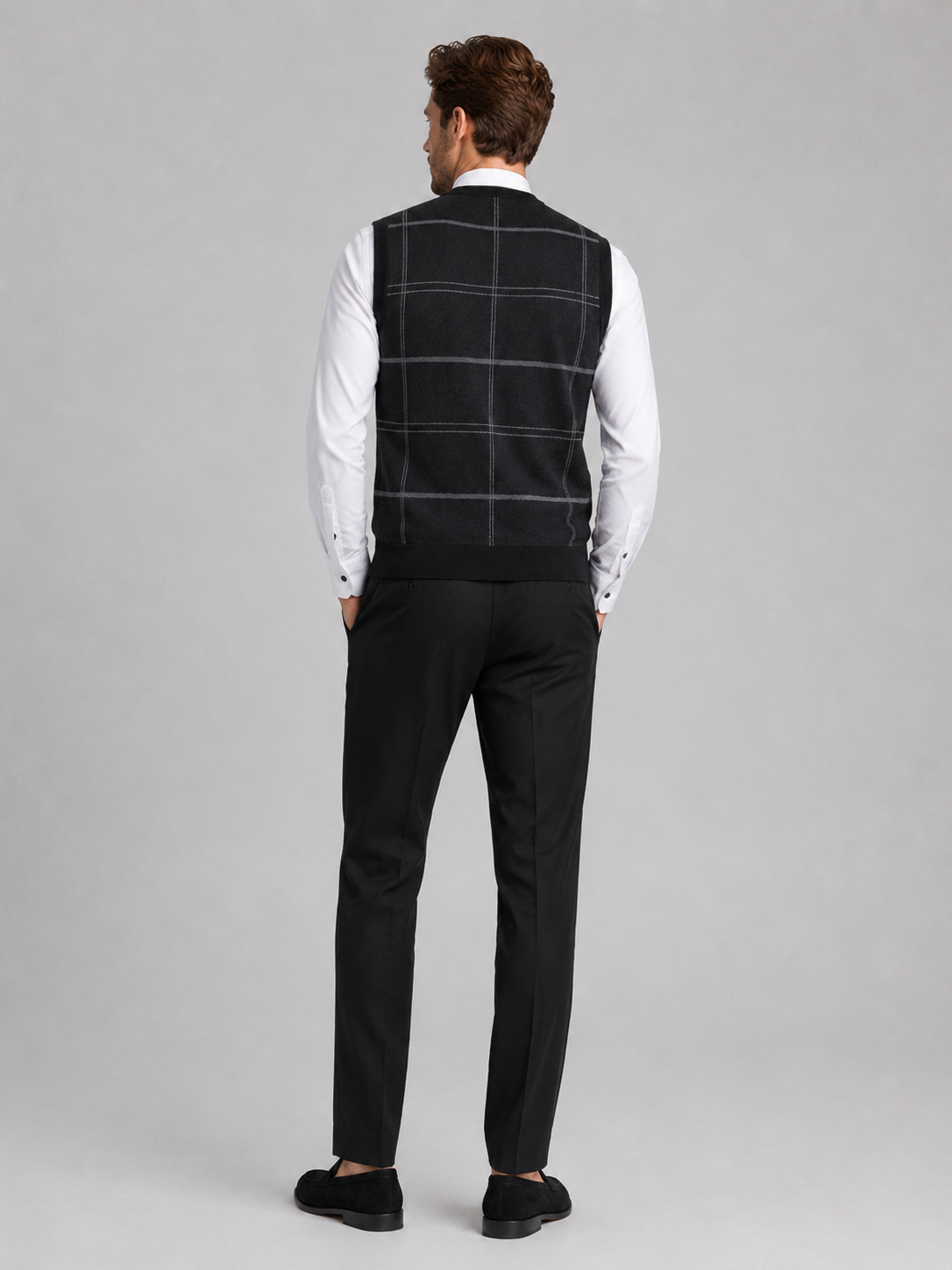 Men's diamond cable knit sweater vest – Black back view – Edward & Lawsen