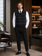 Men's diamond cable knit sweater vest – Black lifestyle view – Edward & Lawsen