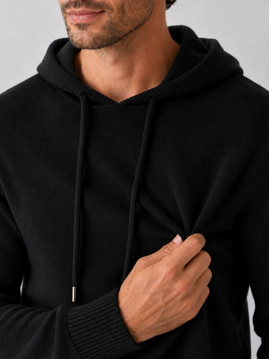 Men's wool hoodie sweater – Black detail view – Edward & Lawsen