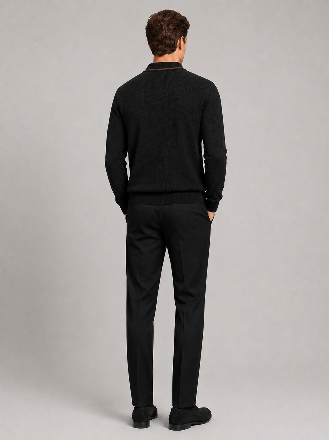 Men's wool Johnny collar polo sweater – Black back view – Edward & Lawsen