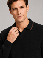 Men's wool Johnny collar polo sweater – Black detail view – Edward & Lawsen