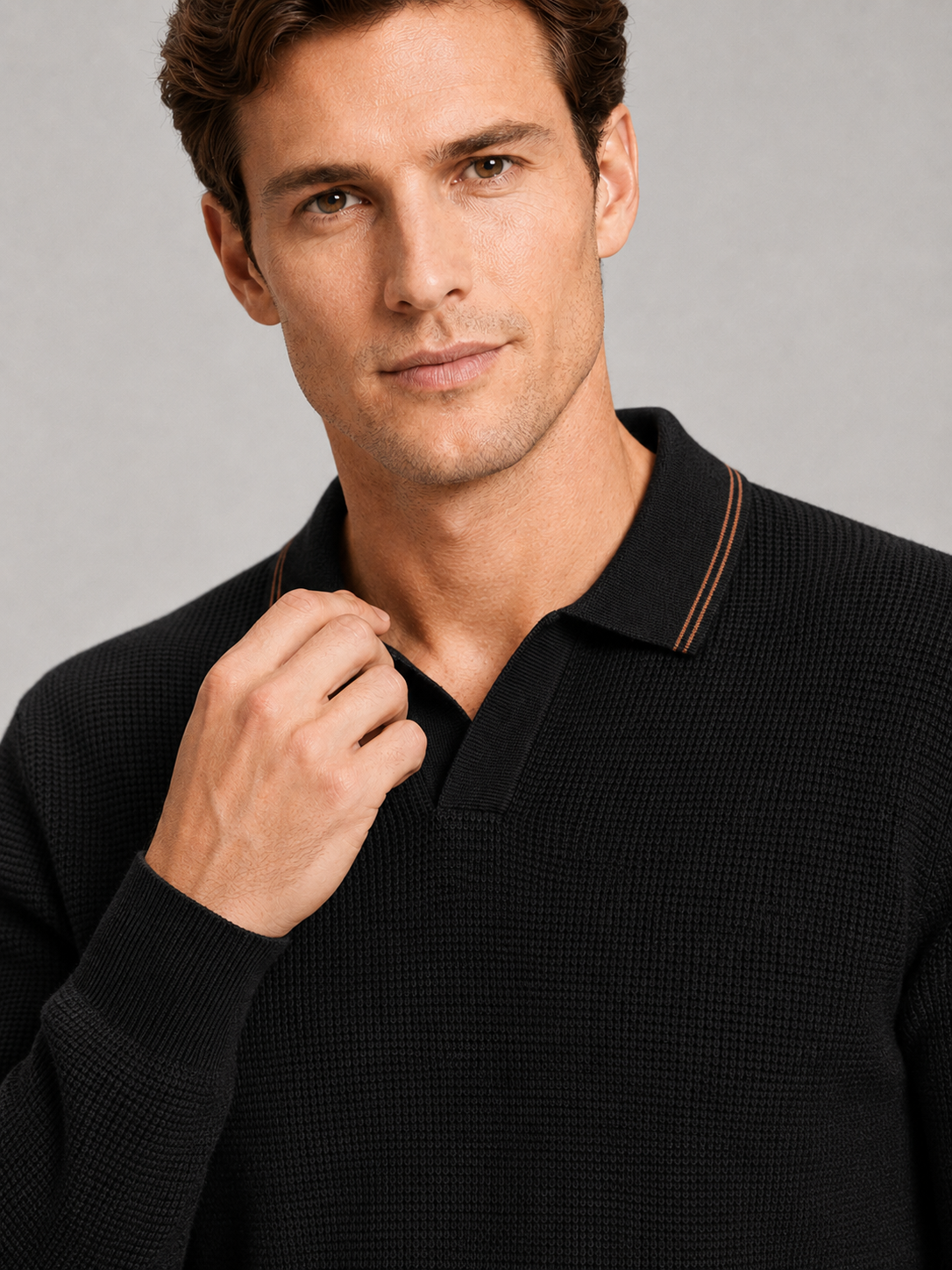 Men's wool Johnny collar polo sweater – Black detail view – Edward & Lawsen