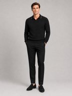 Men's wool Johnny collar polo sweater – Black full view – Edward & Lawsen