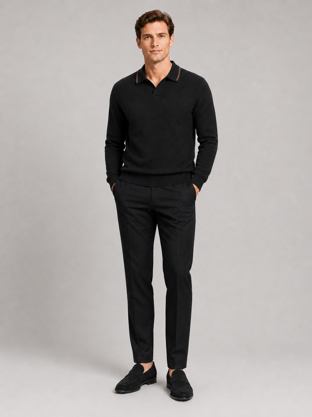 Men's wool Johnny collar polo sweater – Black full view – Edward & Lawsen
