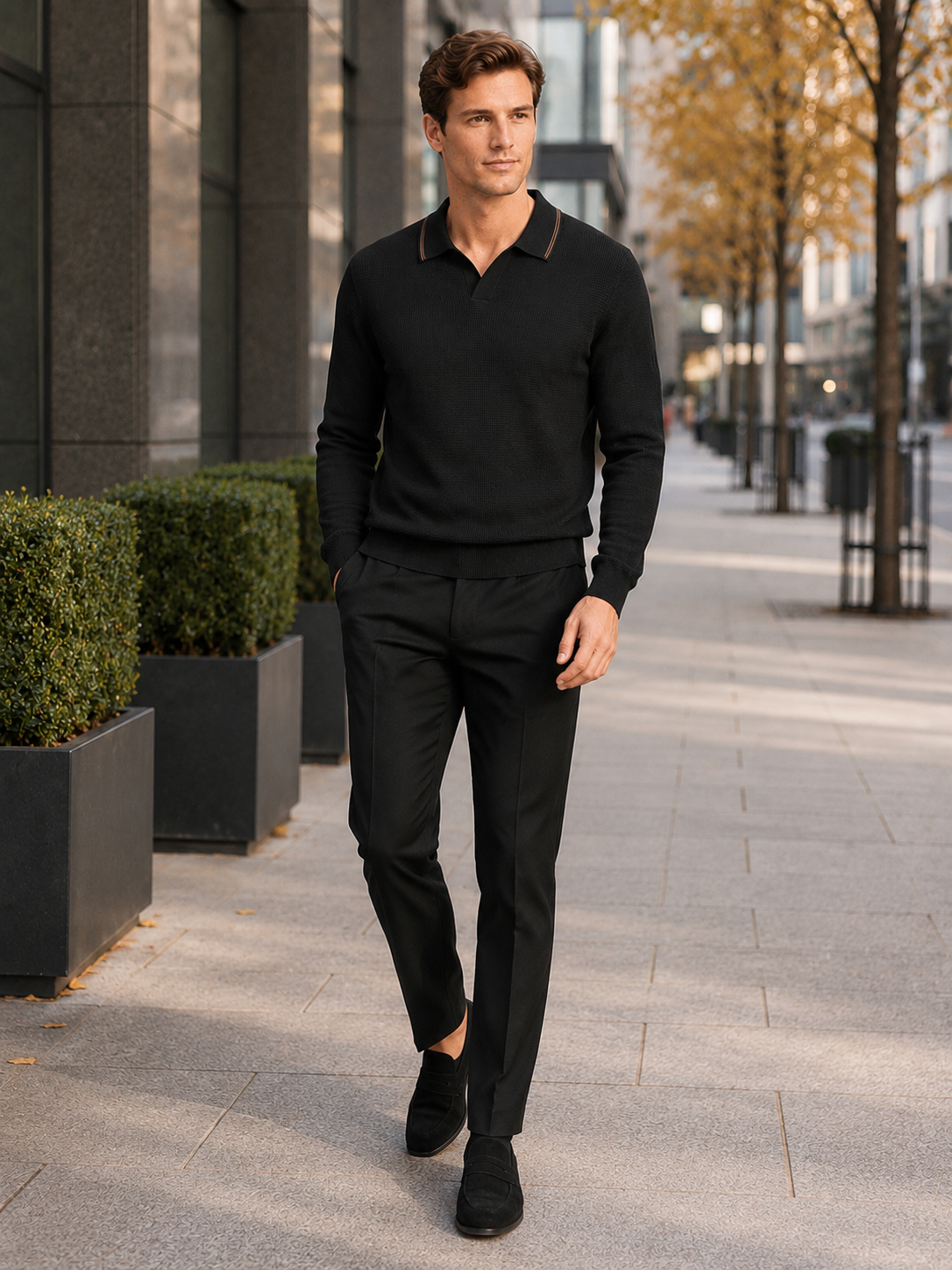 Men's wool Johnny collar polo sweater – Black lifestyle view – Edward & Lawsen