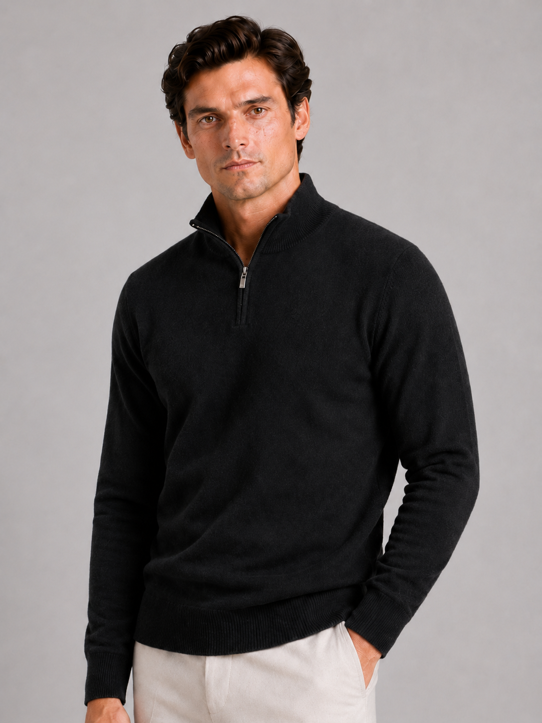 Men's wool half-zip mock neck sweater – Black front view – Edward & Lawsen