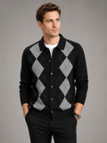 Men's argyle button-down cardigan – Black front view – Edward & Lawsen