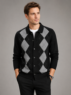 Men's argyle button-down cardigan – Black front view – Edward & Lawsen