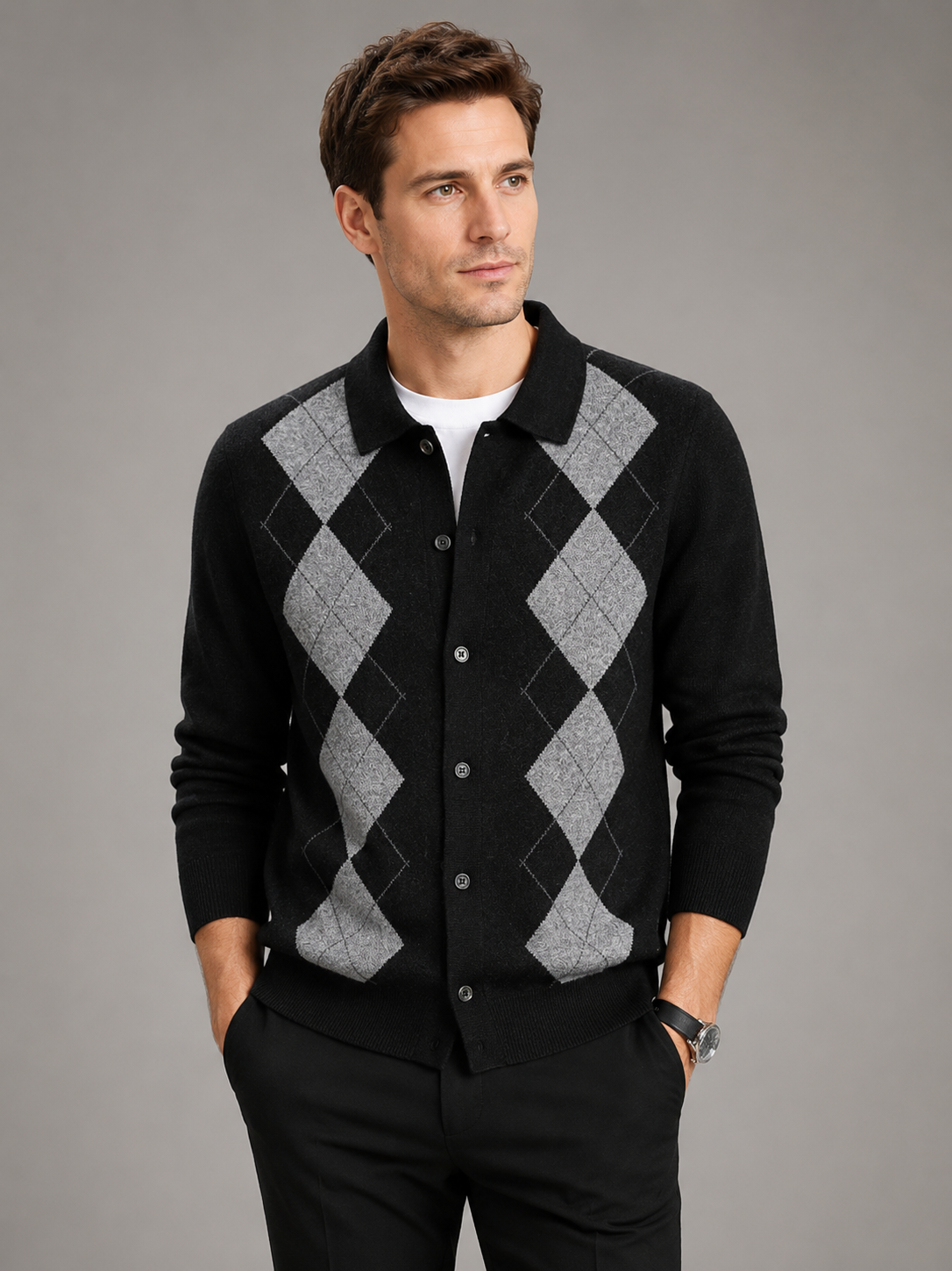 Men's argyle button-down cardigan – Black front view – Edward & Lawsen
