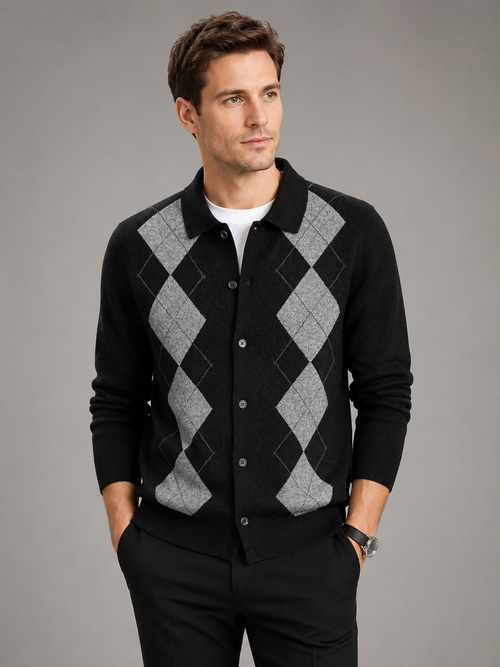 Men's argyle button-down cardigan – Black front view – Edward & Lawsen