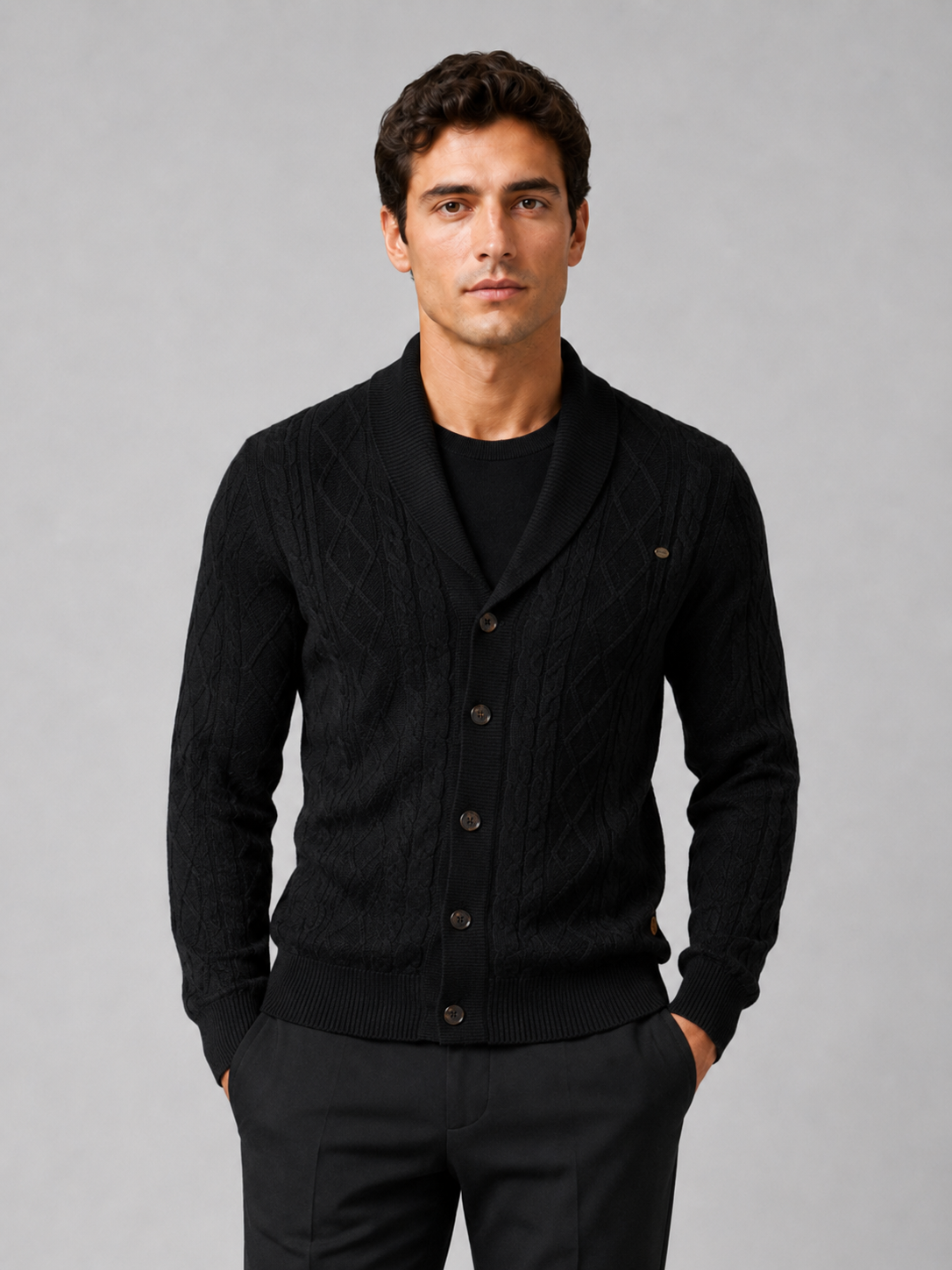 Men's argyle cable knit cardigan – Black front view