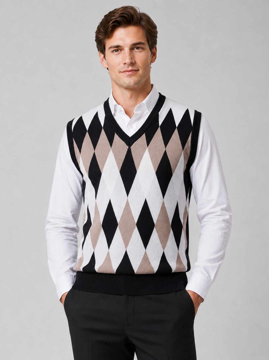 Men's argyle sweater vest – Black front view