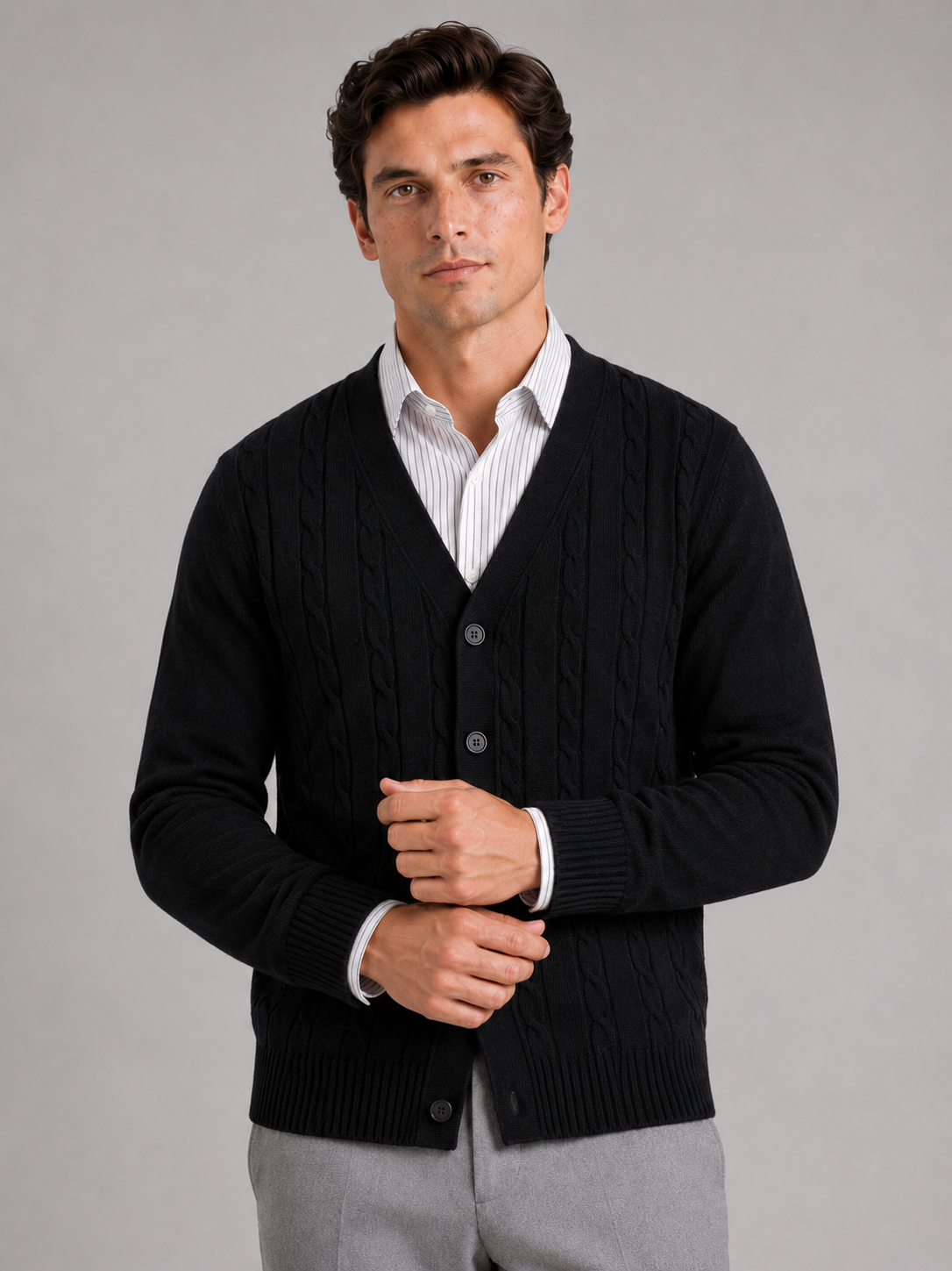 Men's cable knit V-neck cardigan – Black front view – Edward & Lawsen