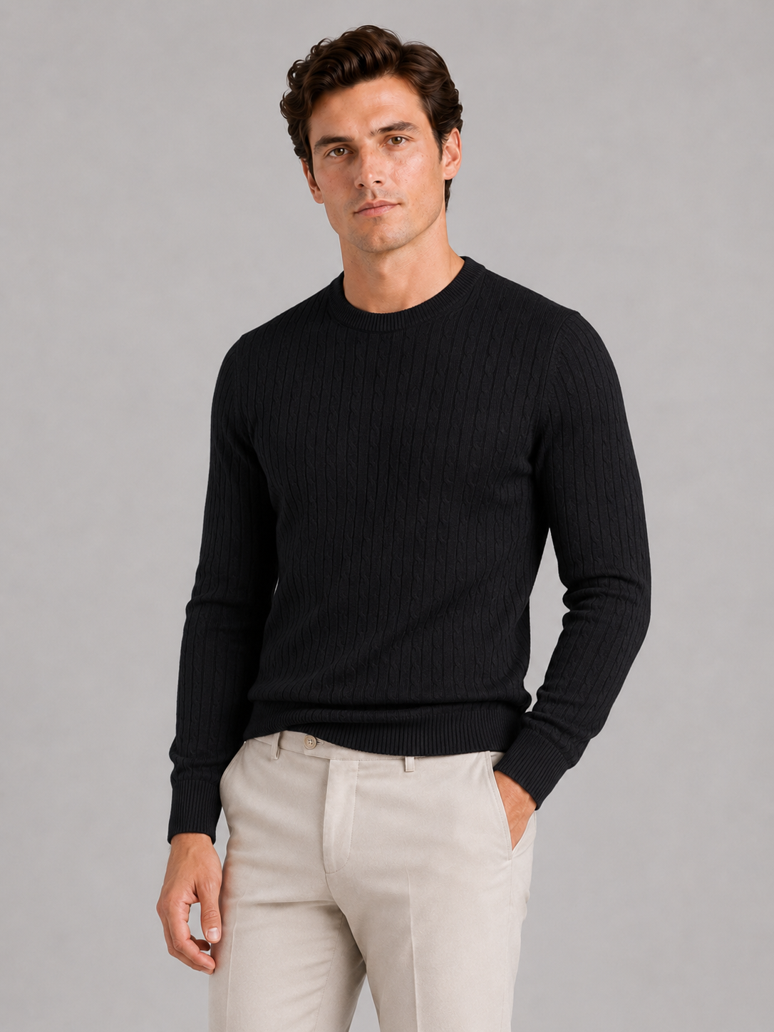 Men's cable knit crew neck sweater – Black front view – Edward & Lawsen