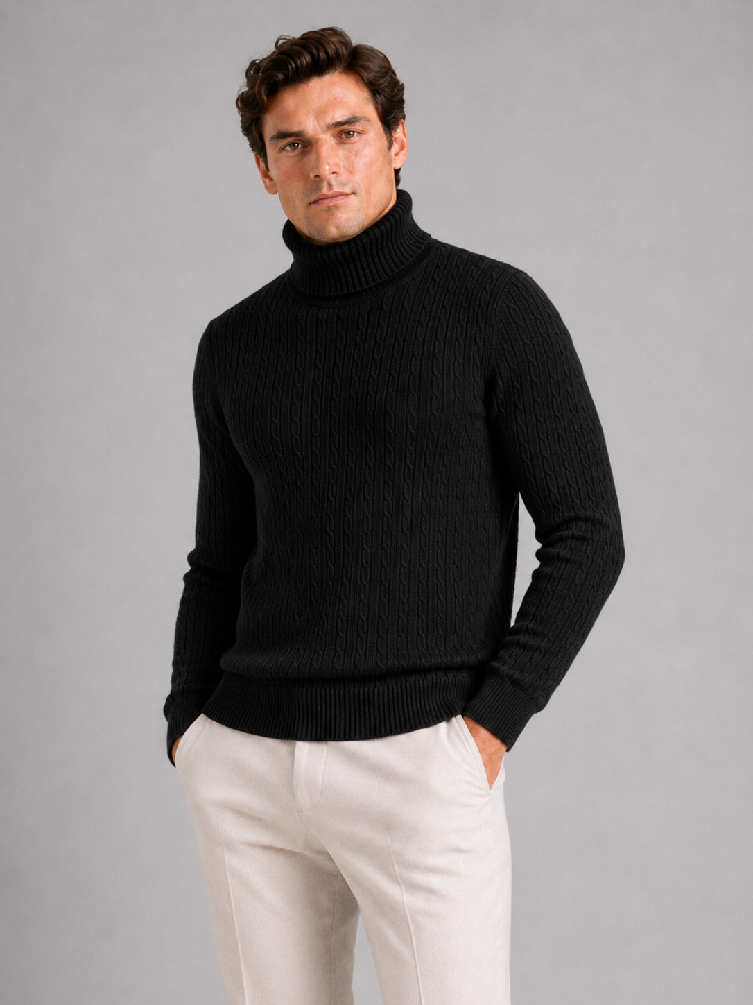 Men's cable knit turtleneck sweater – Black front view – Edward & Lawsen