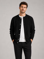 Men's crew neck cardigan sweater – Black front view – Edward & Lawsen