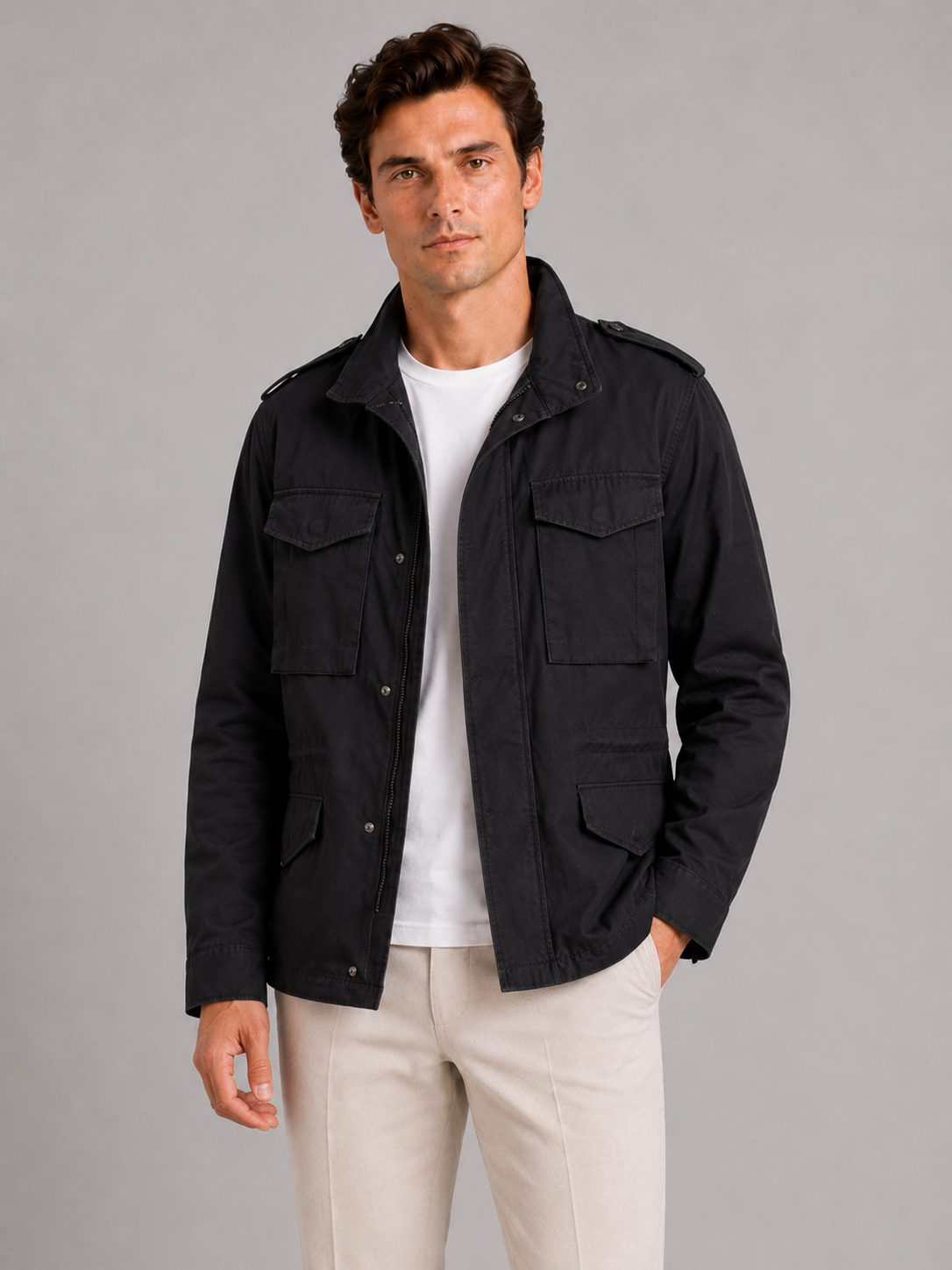 Men's cargo jacket – Black front view – Edward & Lawsen