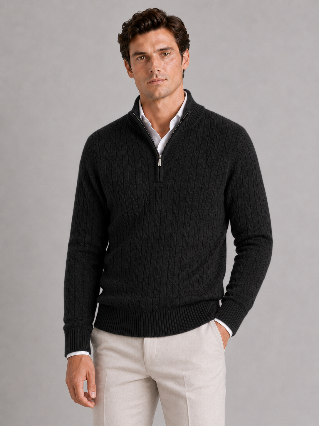 Men's cashmere quarter-zip mock neck sweater – Black front view – Edward & Lawsen