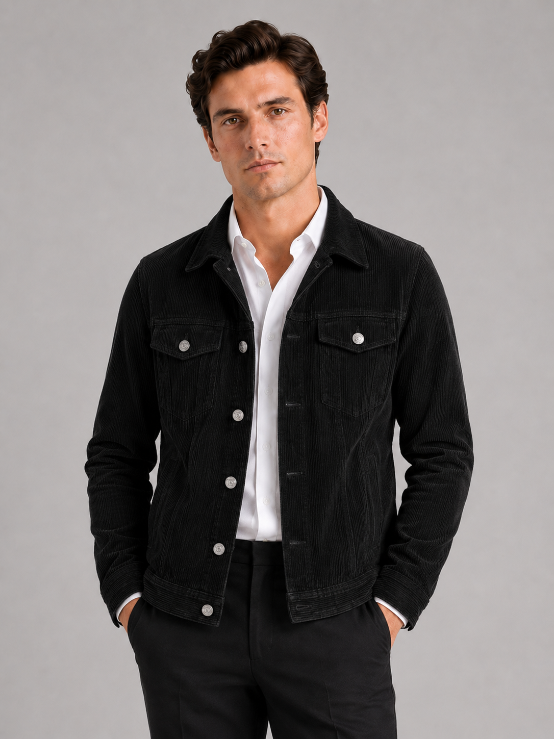 Men's corduroy jacket – Black front view – Edward & Lawsen