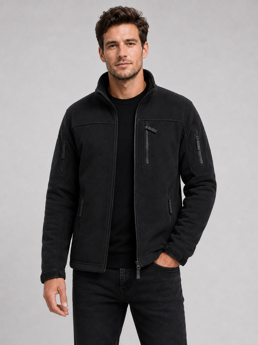 Men's fleece jacket – Black front view – Edward & Lawsen