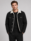 Men's fleece-lined denim jacket – Black front view – Edward & Lawsen