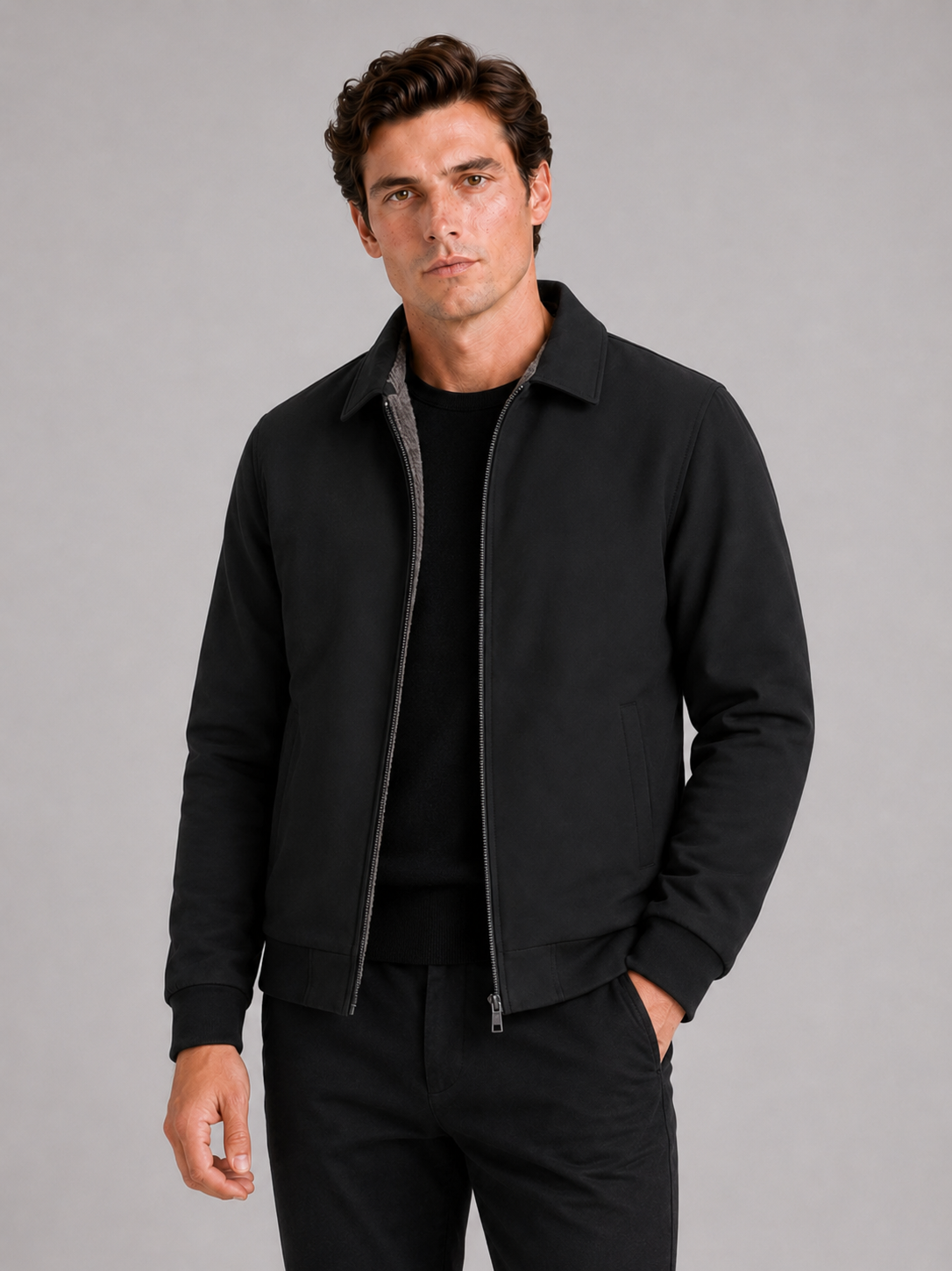 Men's fleece-lined jacket – Black front view – Edward & Lawsen