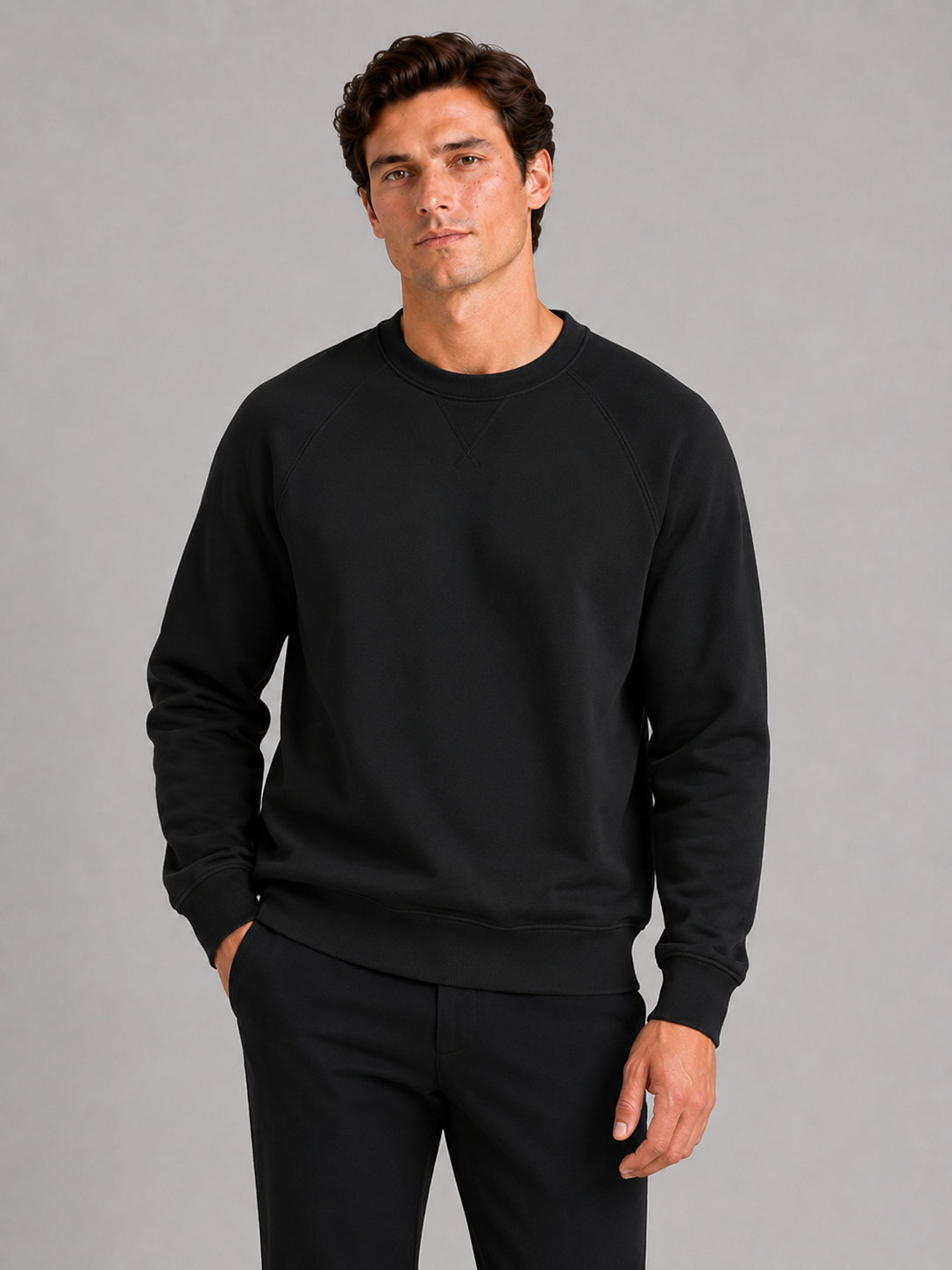 Men's heavyweight crewneck sweater – Black front view – Edward & Lawsen