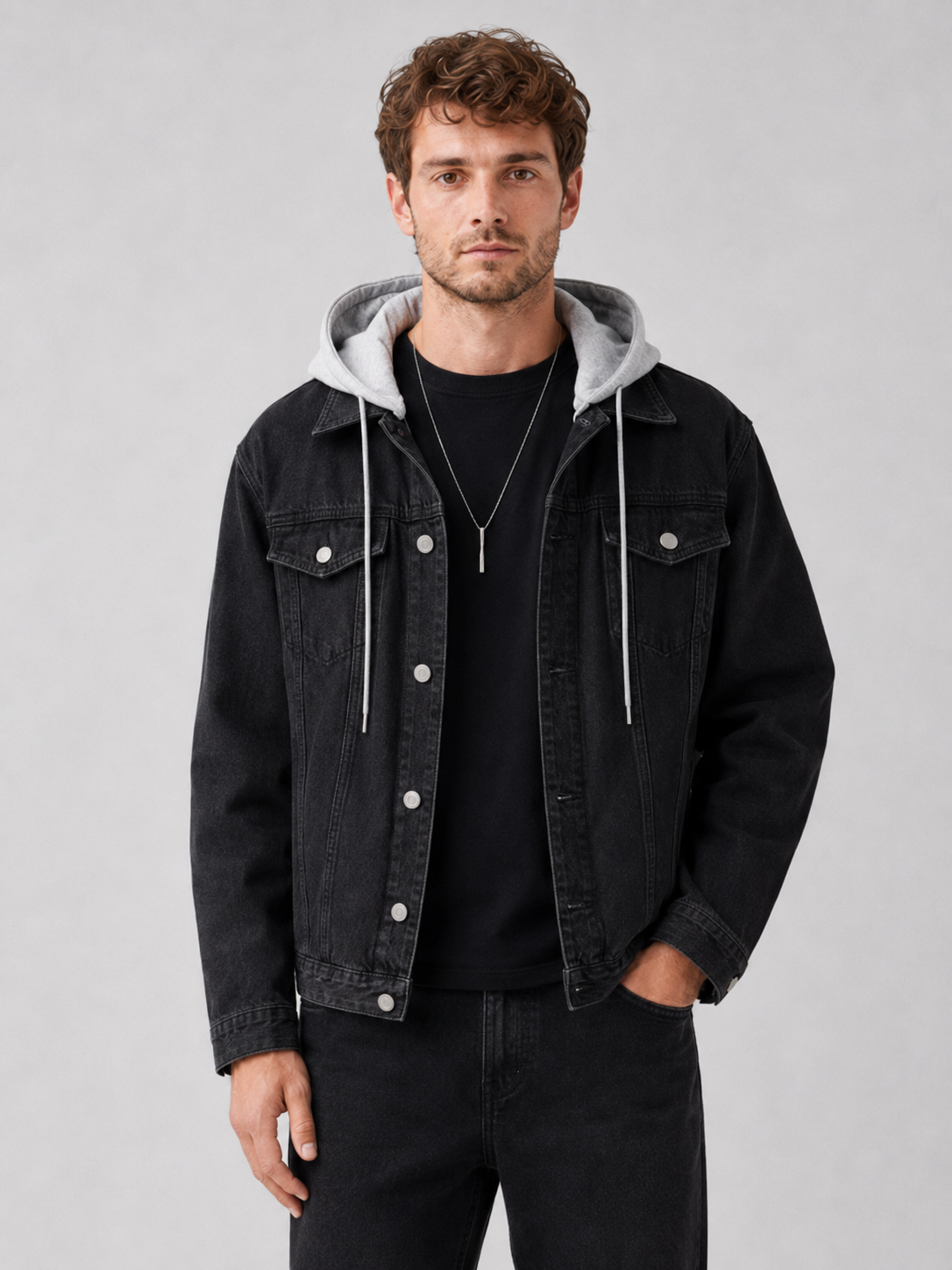 Men's hooded denim jacket – Black front view – Edward & Lawsen