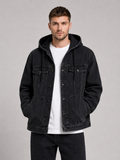 Men's hooded denim jacket – Black front view – Edward & Lawsen