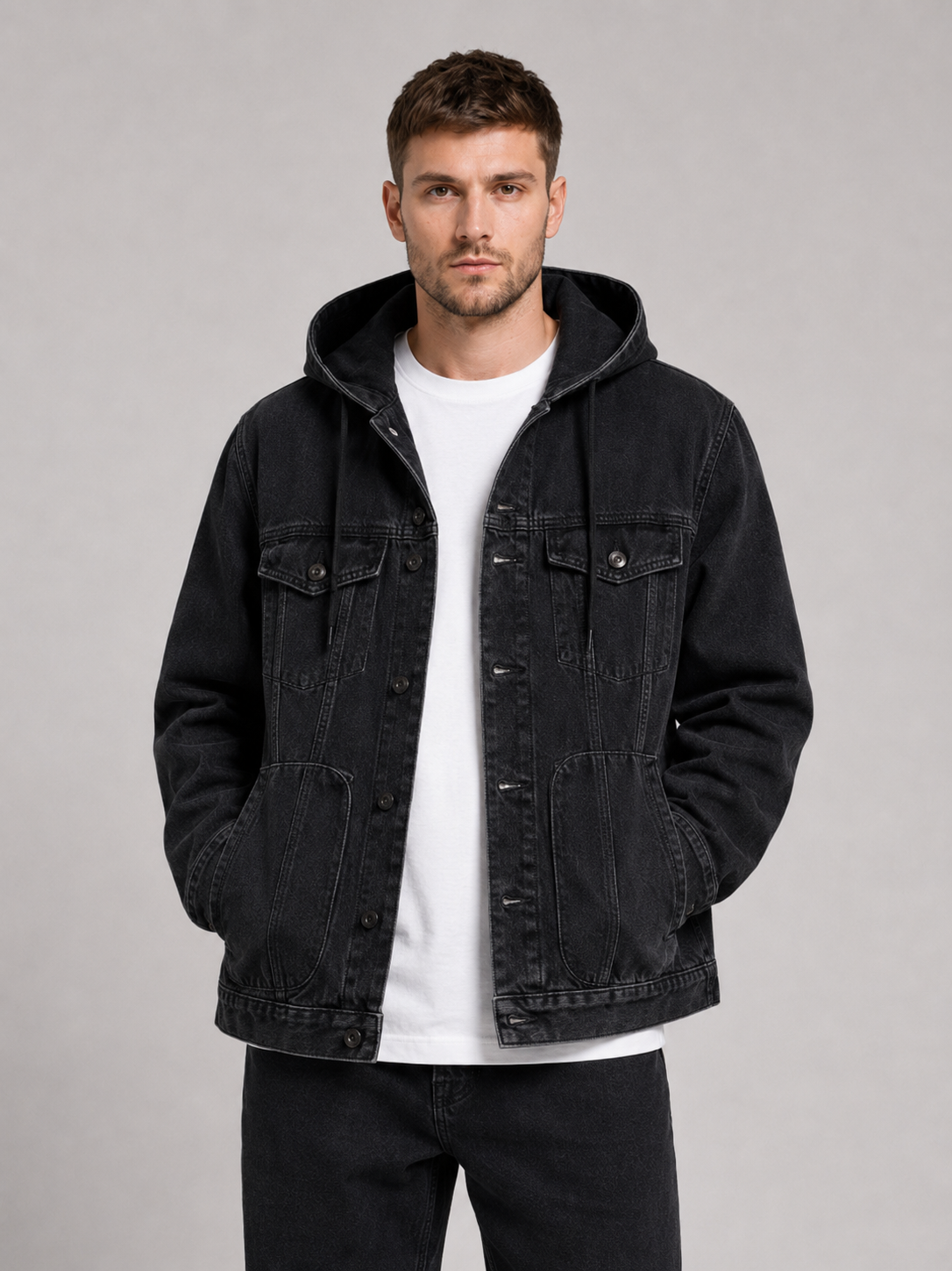 Men's hooded denim jacket – Black front view – Edward & Lawsen