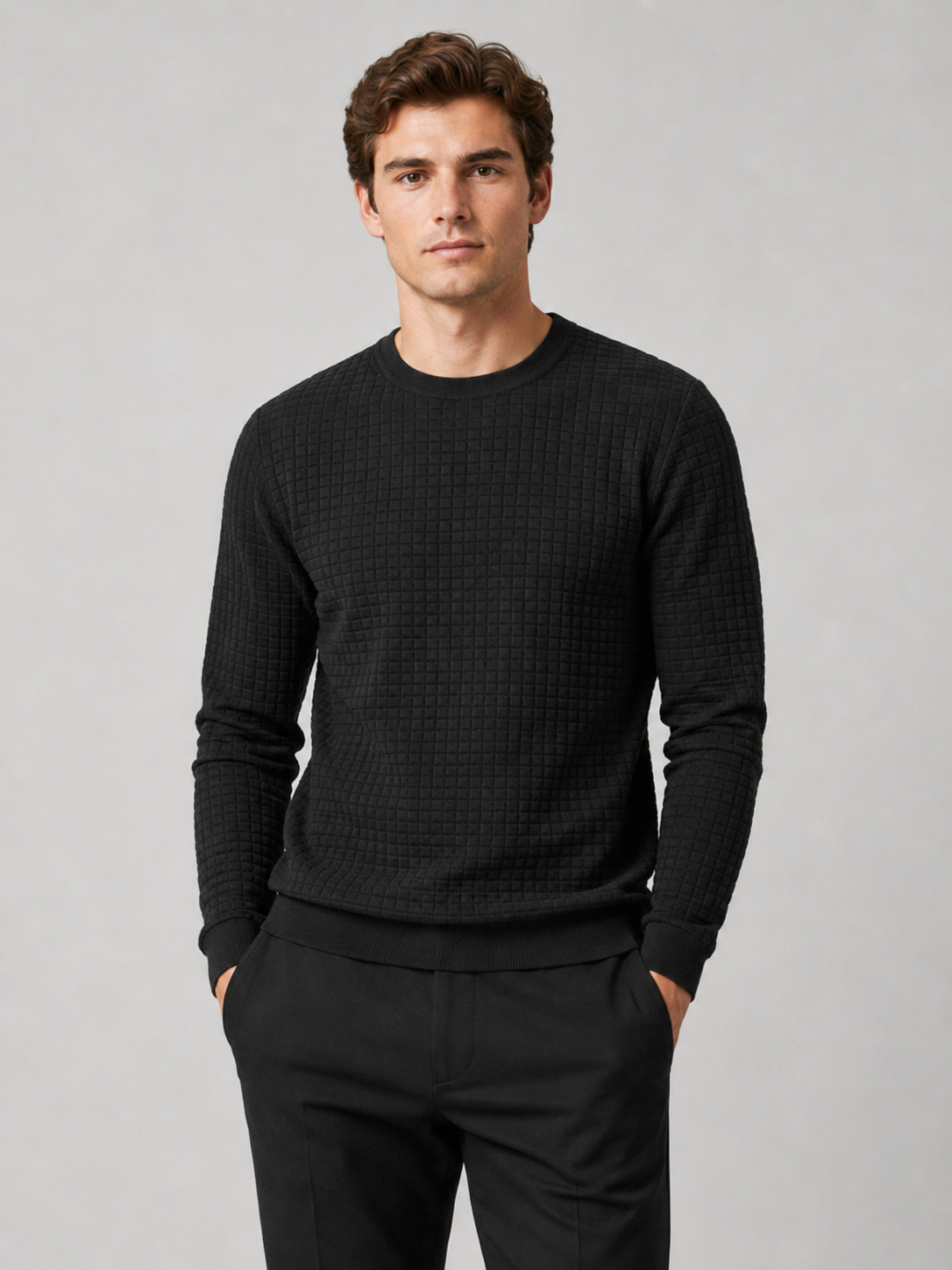 Men's jacquard crew neck sweater – Black front view – Edward & Lawsen