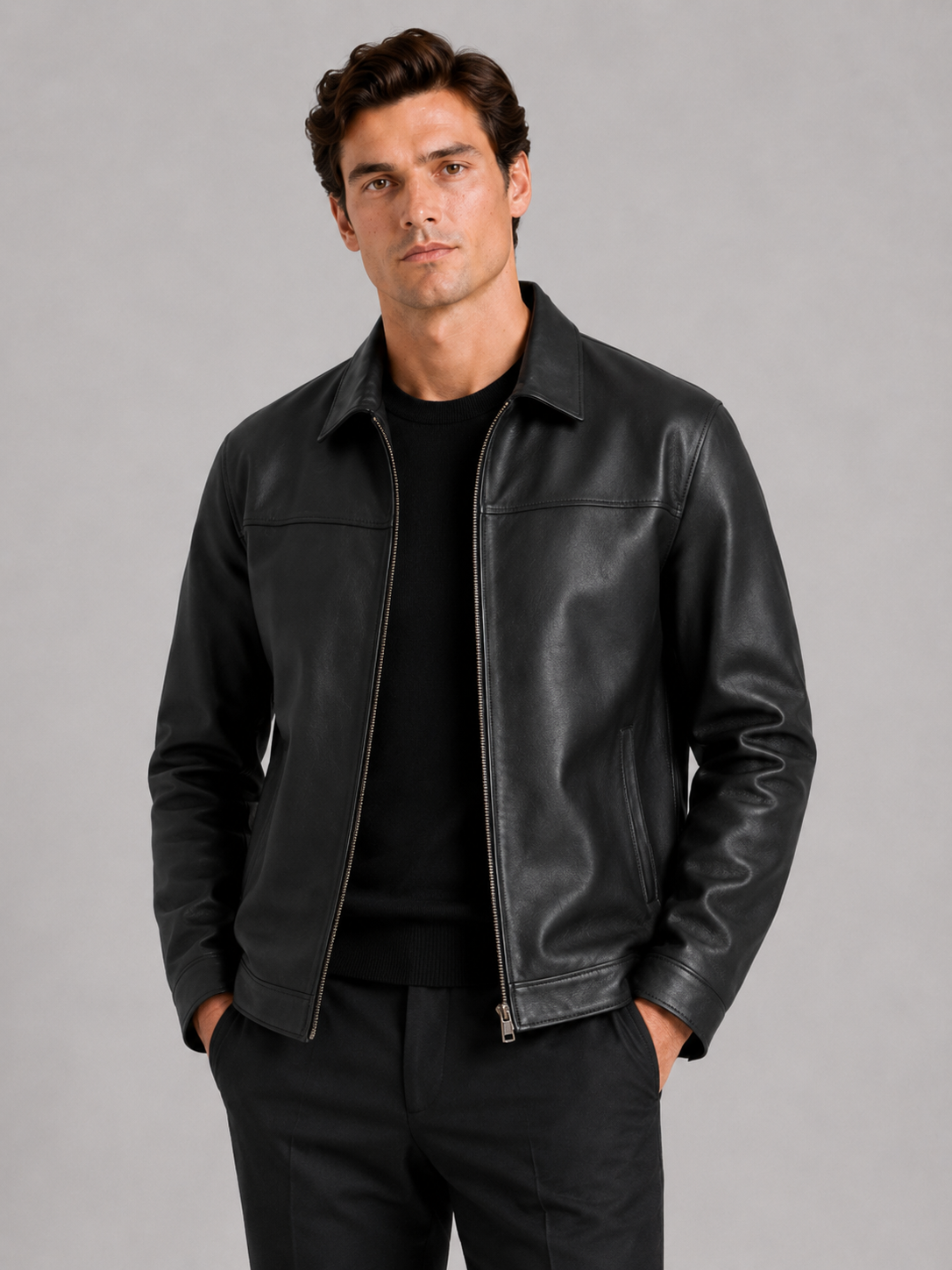Men's leather flight jacket – Black front view – Edward & Lawsen