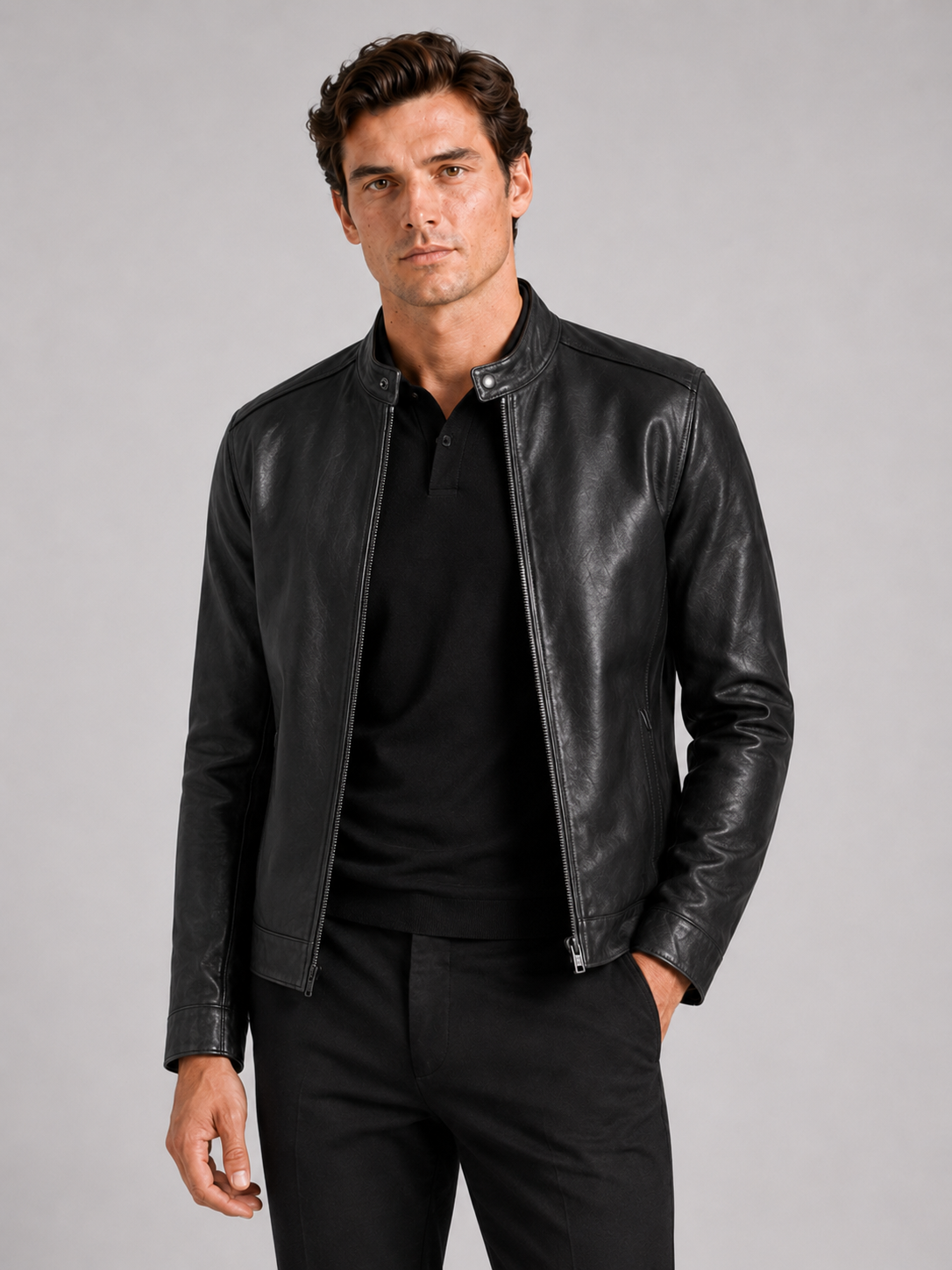 Men's leather moto jacket – Black front view – Edward & Lawsen