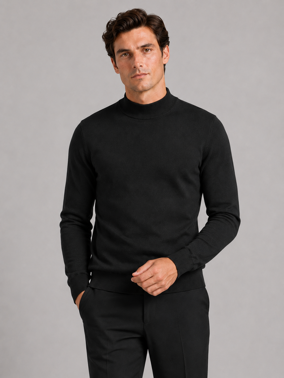 Men's slim fit mock neck sweater – Black front view – Edward & Lawsen