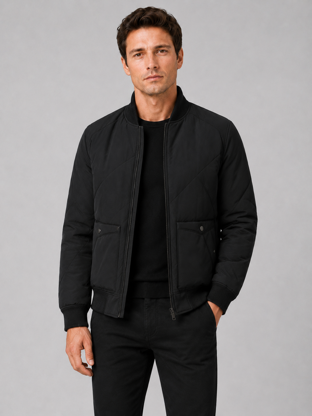 Men's baseball jacket – Black front view – Edward & Lawsen
