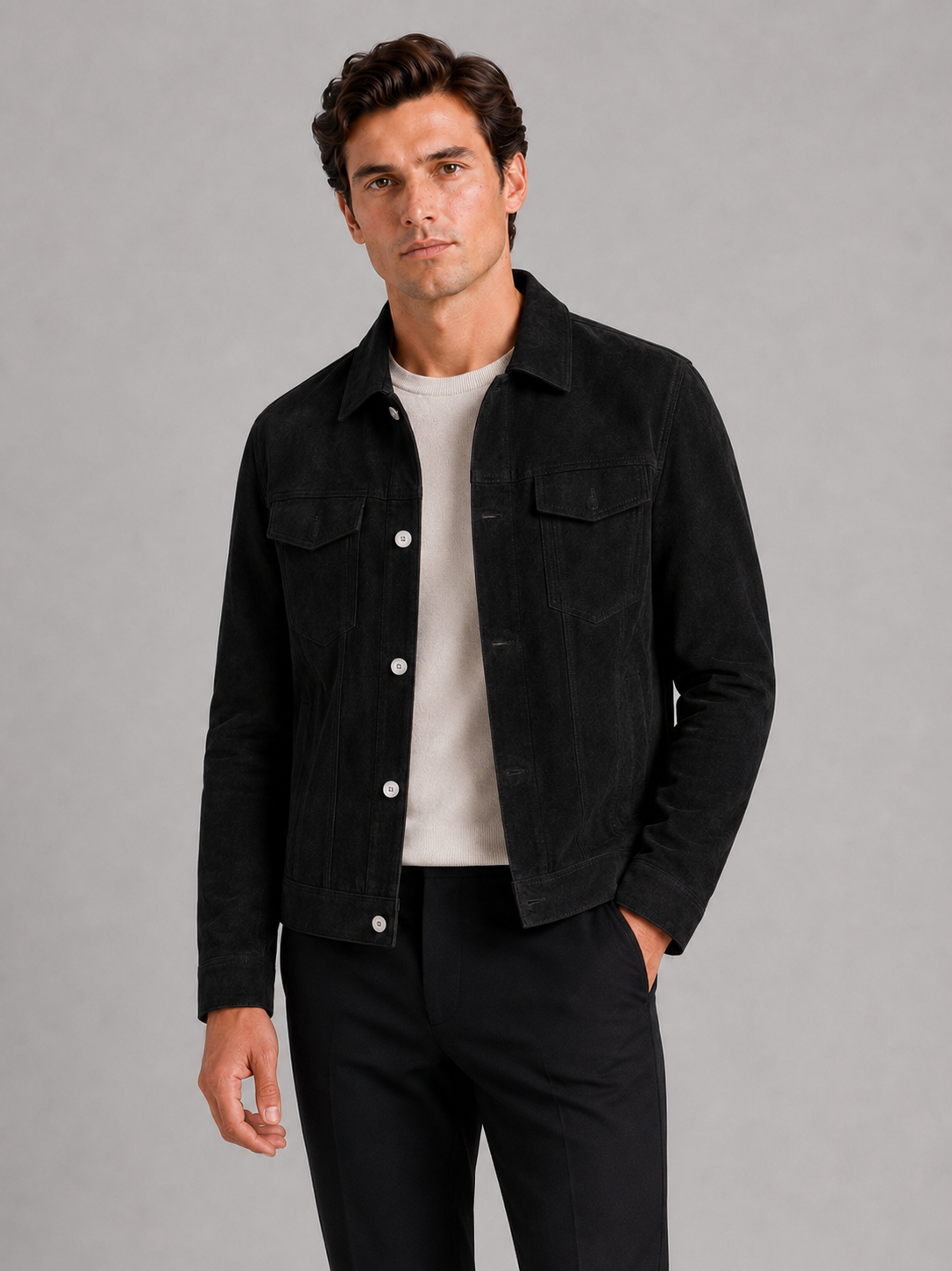 Men's suede fall jacket – Black front view – Edward & Lawsen