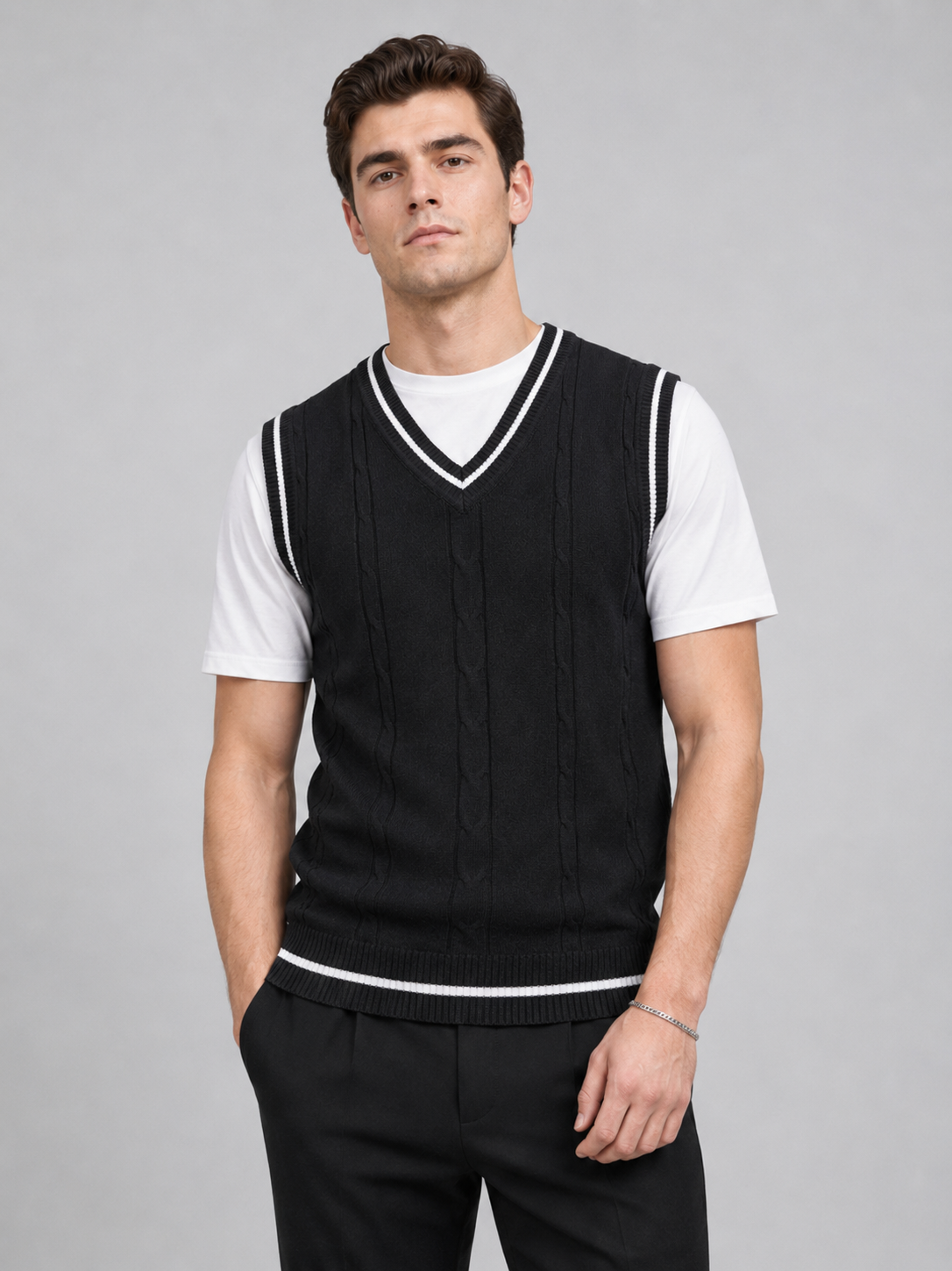 Men's patchwork sweater vest – Black front view – Edward & Lawsen