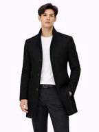 Men's tailored wool blend trench coat – Black front view – Edward & Lawsen