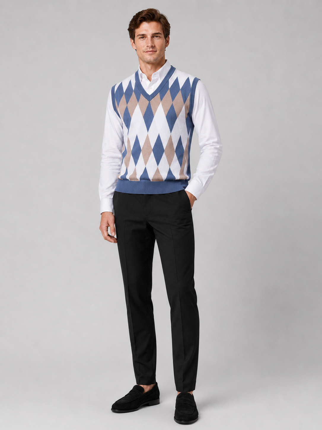 Men's argyle sweater vest – Blue full view – Edward & Lawsen