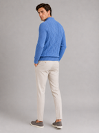 Men's jacquard cable knit mock neck sweater – Blue back view – Edward & Lawsen