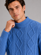 Men's jacquard cable knit mock neck sweater – Blue detail view – Edward & Lawsen