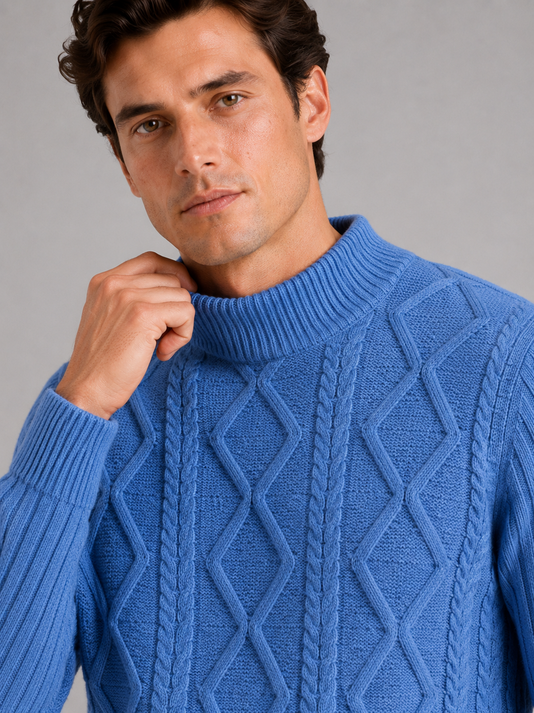 Men's jacquard cable knit mock neck sweater – Blue detail view – Edward & Lawsen