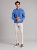Men's jacquard cable knit mock neck sweater – Blue full view – Edward & Lawsen