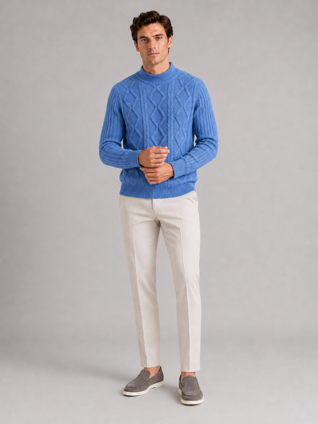 Men's jacquard cable knit mock neck sweater – Blue full view – Edward & Lawsen