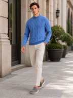 Men's jacquard cable knit mock neck sweater – Blue lifestyle view – Edward & Lawsen