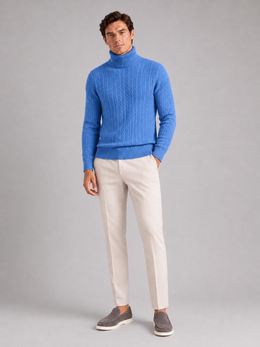 Men's cable knit turtleneck sweater – Blue full view – Edward & Lawsen