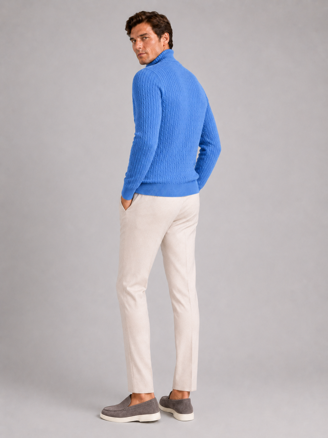 Men's cable knit turtleneck sweater – Blue full view – Edward & Lawsen